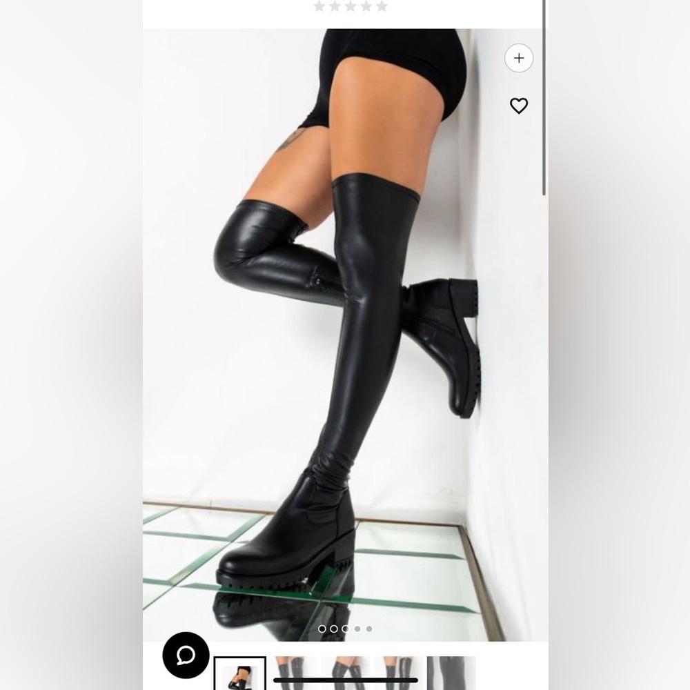Black thigh high boots. Slim fit. Faux leather. Akira